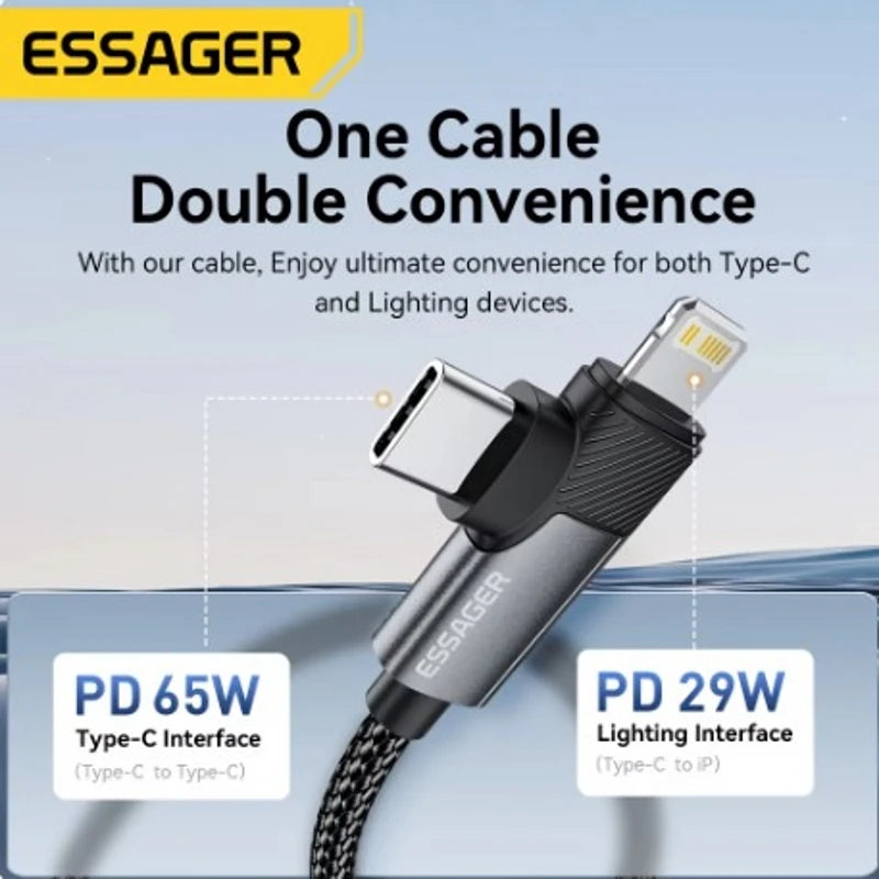 Essager 2 in 1 USB Type C Cable 65W PD Fast Charging Wire Type C To Lightning Cable For iPhone 15 16 Pro Max MacBook iPad