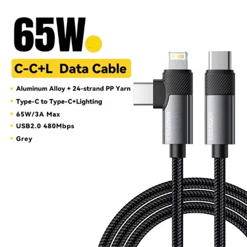 Essager 2 in 1 USB Type C Cable 65W PD Fast Charging Wire Type C To Lightning Cable For iPhone 15 16 Pro Max MacBook iPad
