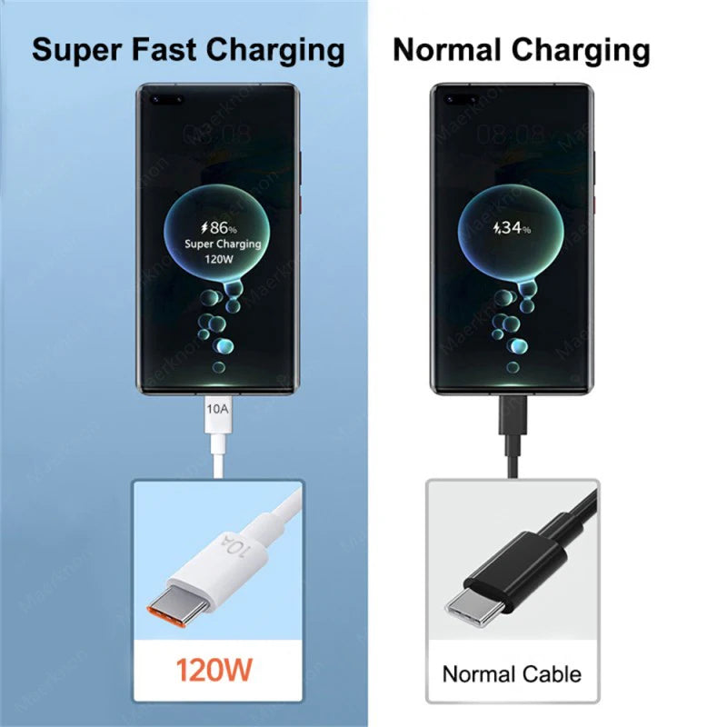 120W 10A Type C Cable - Super Fast Charging & Data Transfer Cable for Huawei, Xiaomi, Samsung, and More